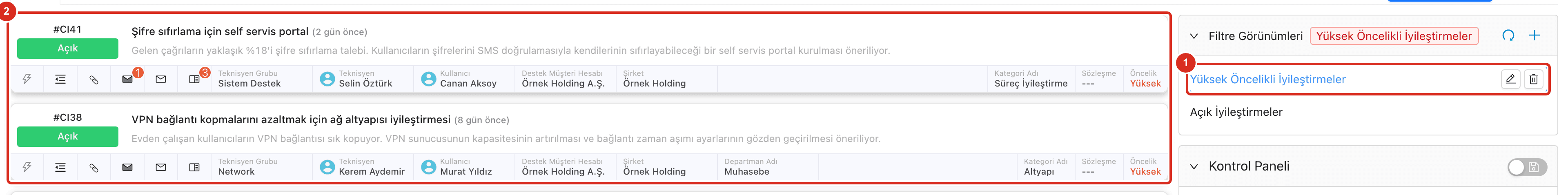 Seçili filtre görünümü
