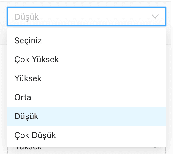 Seviye seçenekleri