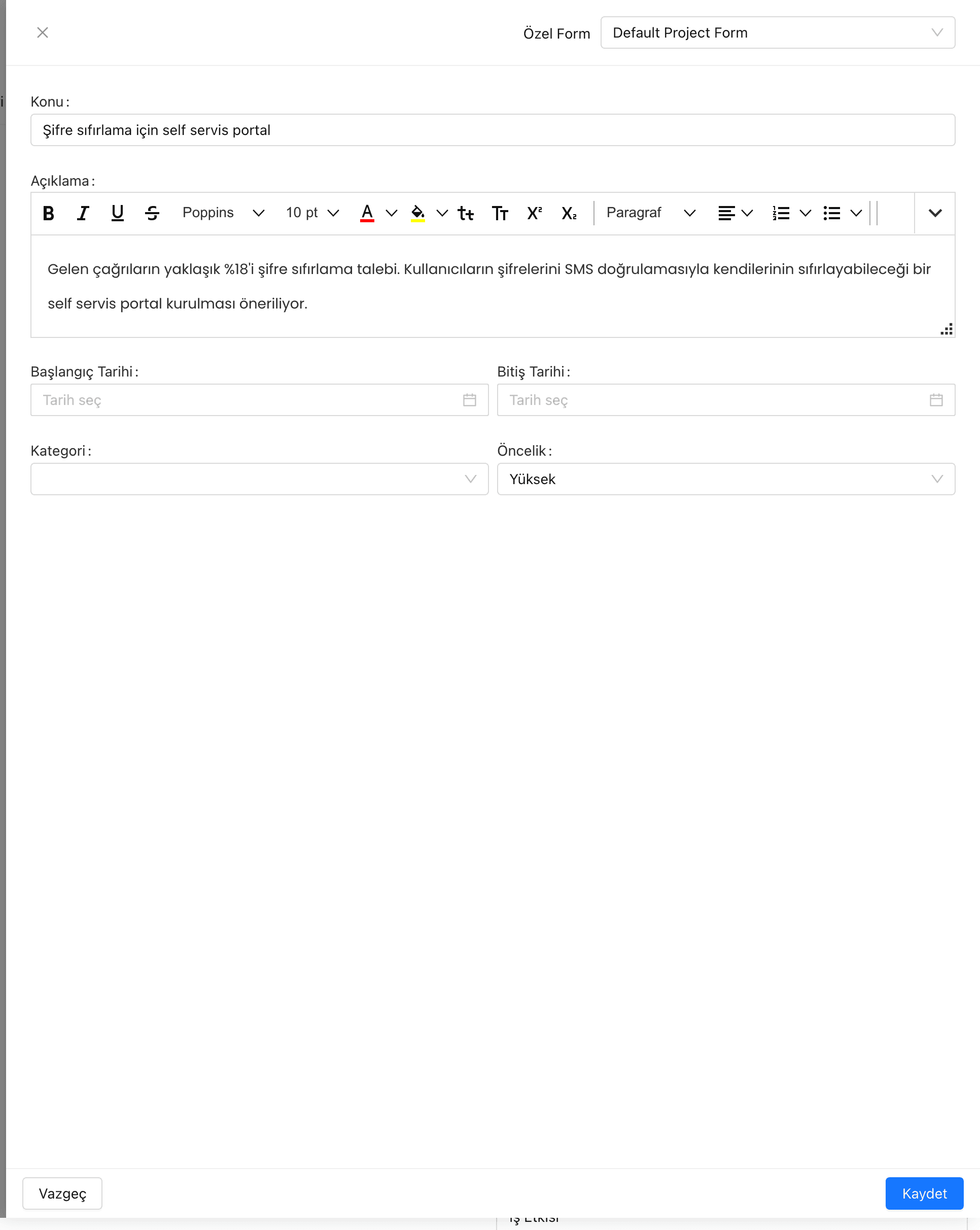 Proje oluşturma penceresi