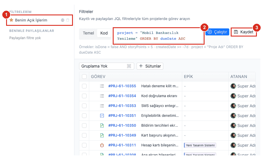 Filtreler sayfası ve JQL çubuğu