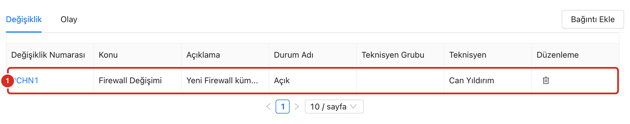 Süreçler sekmesinde bağlı değişiklik