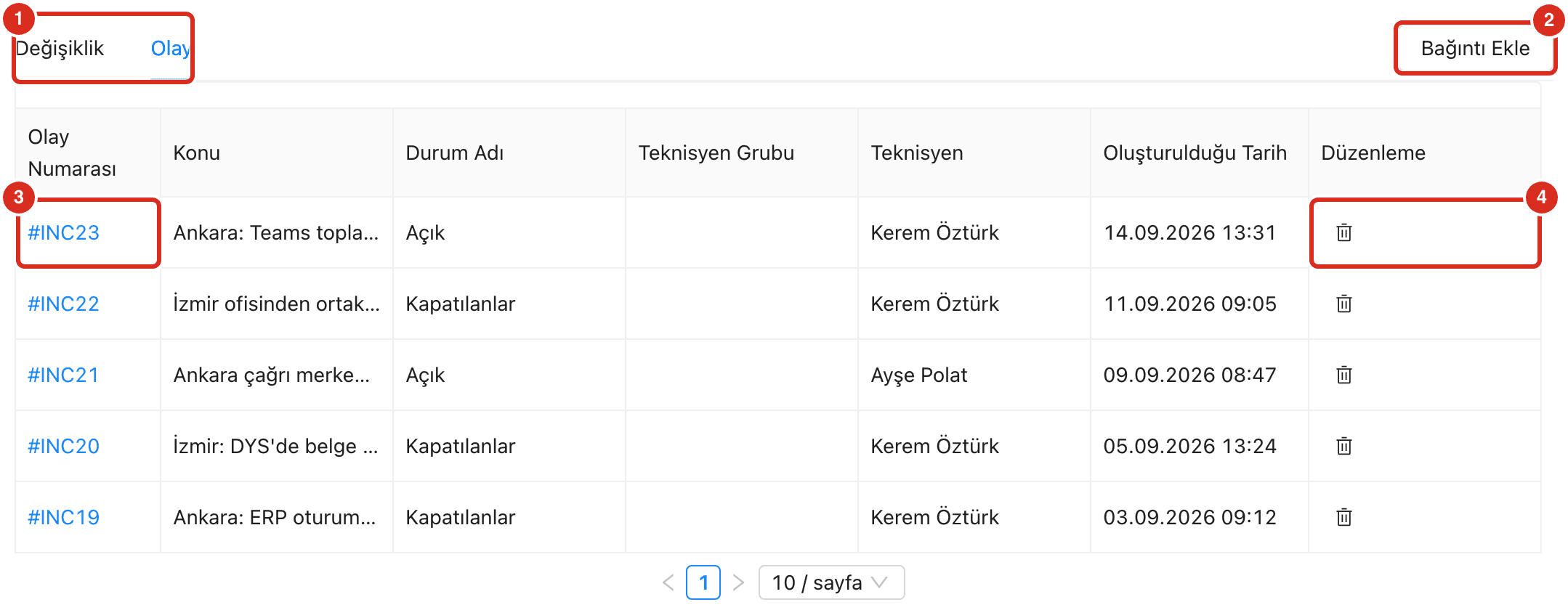 Süreçler sekmesinde bağlı olaylar