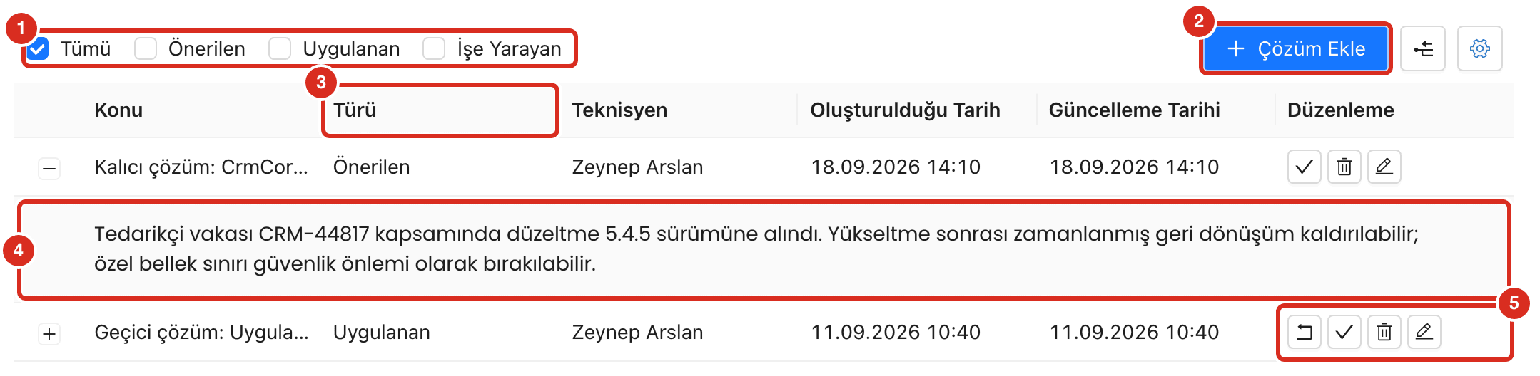 Çözümler sekmesi