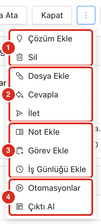 Diğer Eylemler menüsü