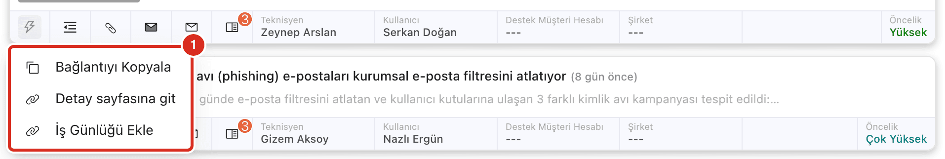 Hızlı işlemler menüsü