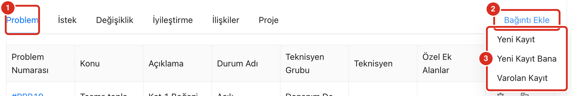 Olayın Süreçler sekmesinde Bağıntı Ekle menüsü