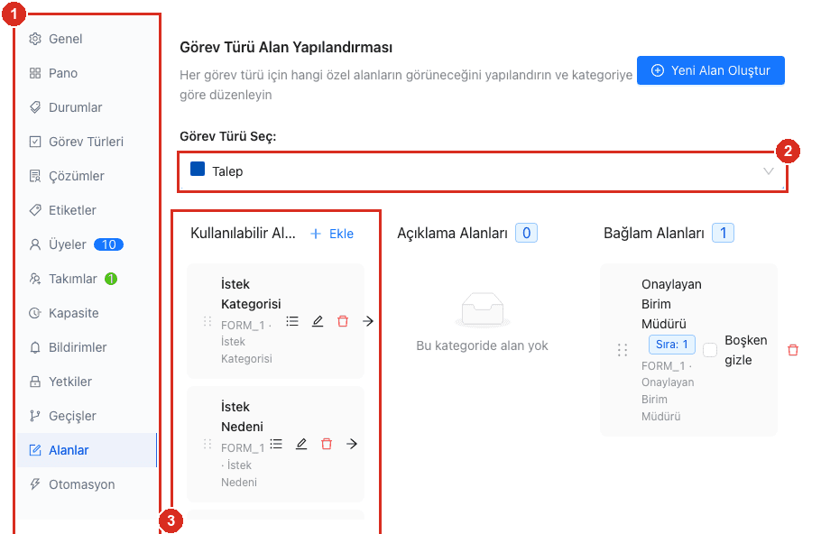Proje ayarları — Görev türü alan yapılandırması