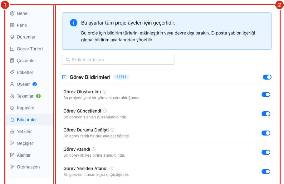 Proje ayarları — Bildirimler
