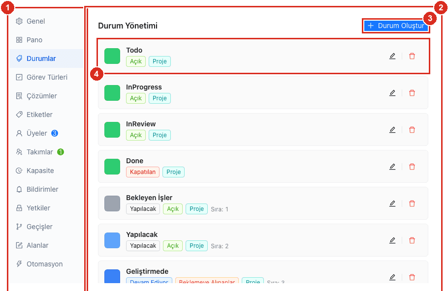 Proje ayarları — Durum yönetimi