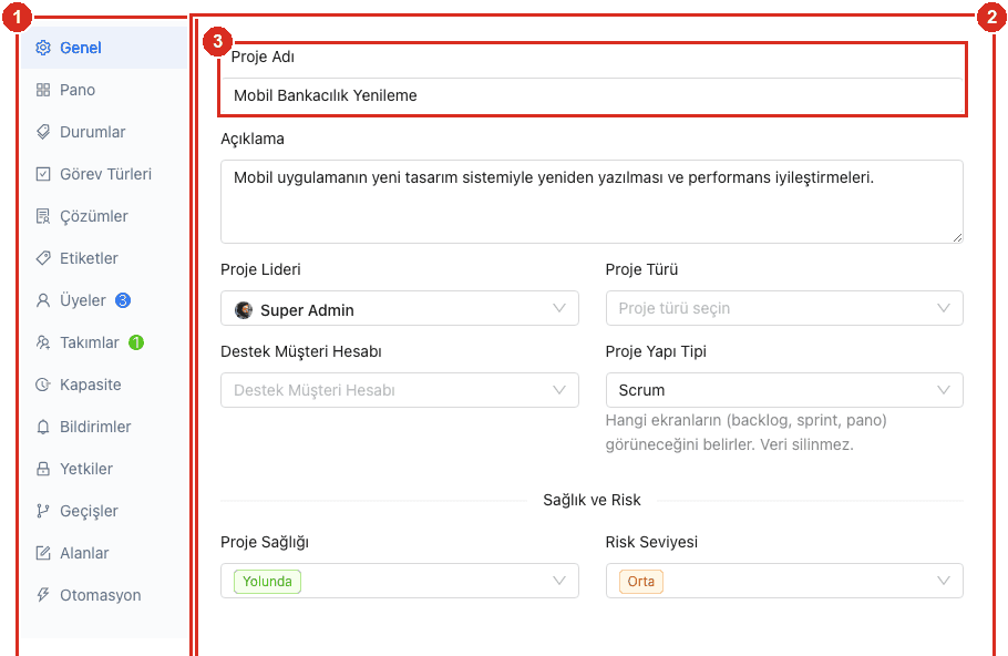 Proje ayarları — Genel bölümü