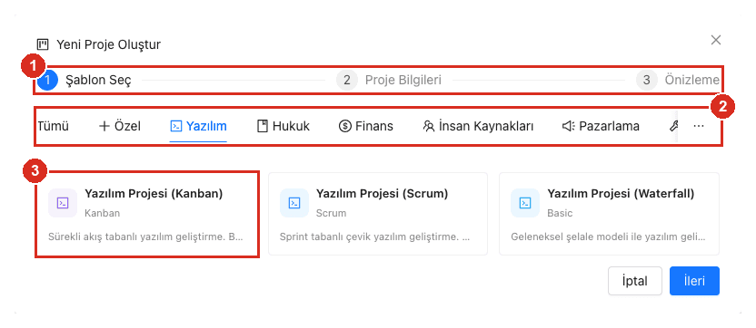 Proje oluşturma sihirbazının şablon seçme adımı
