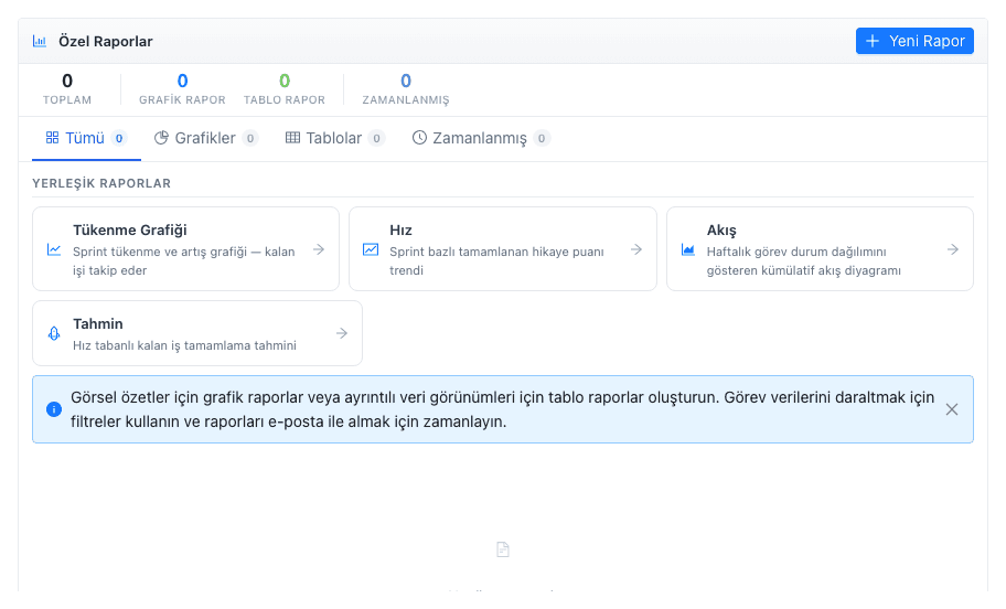 Proje özel raporlar ekranı