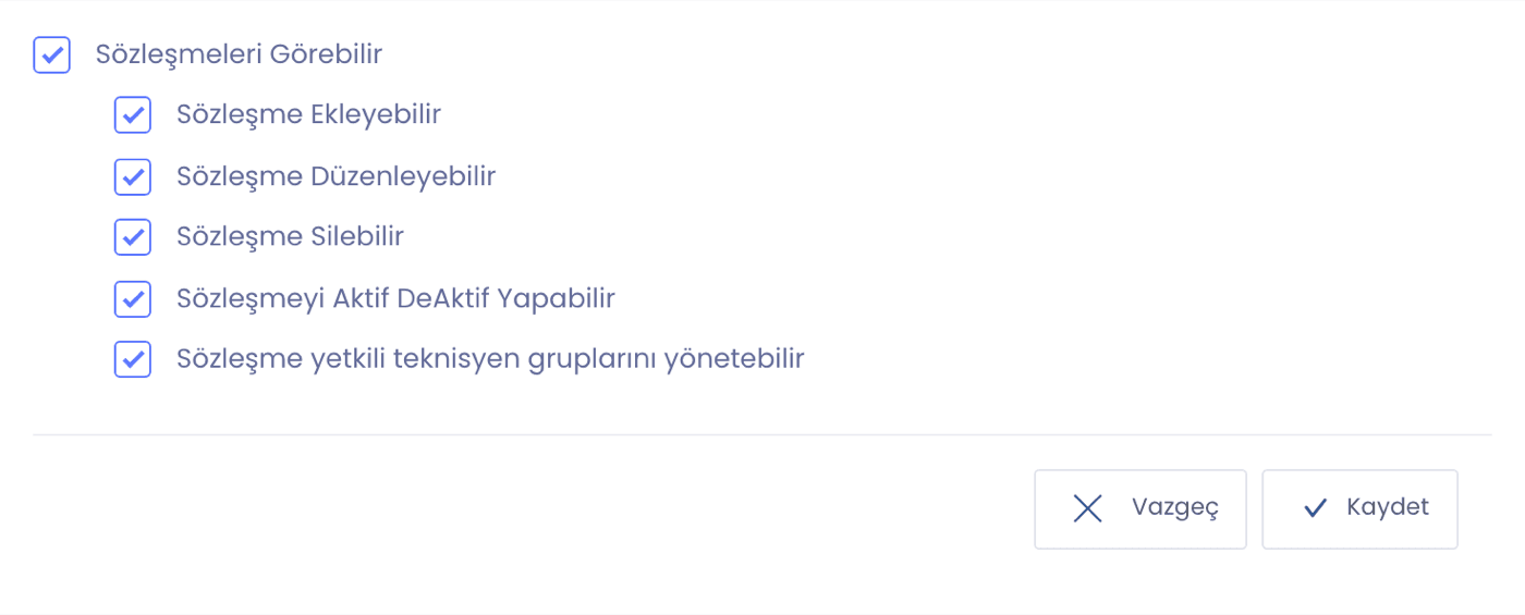 Rol düzenleme ekranındaki sözleşme yetkileri