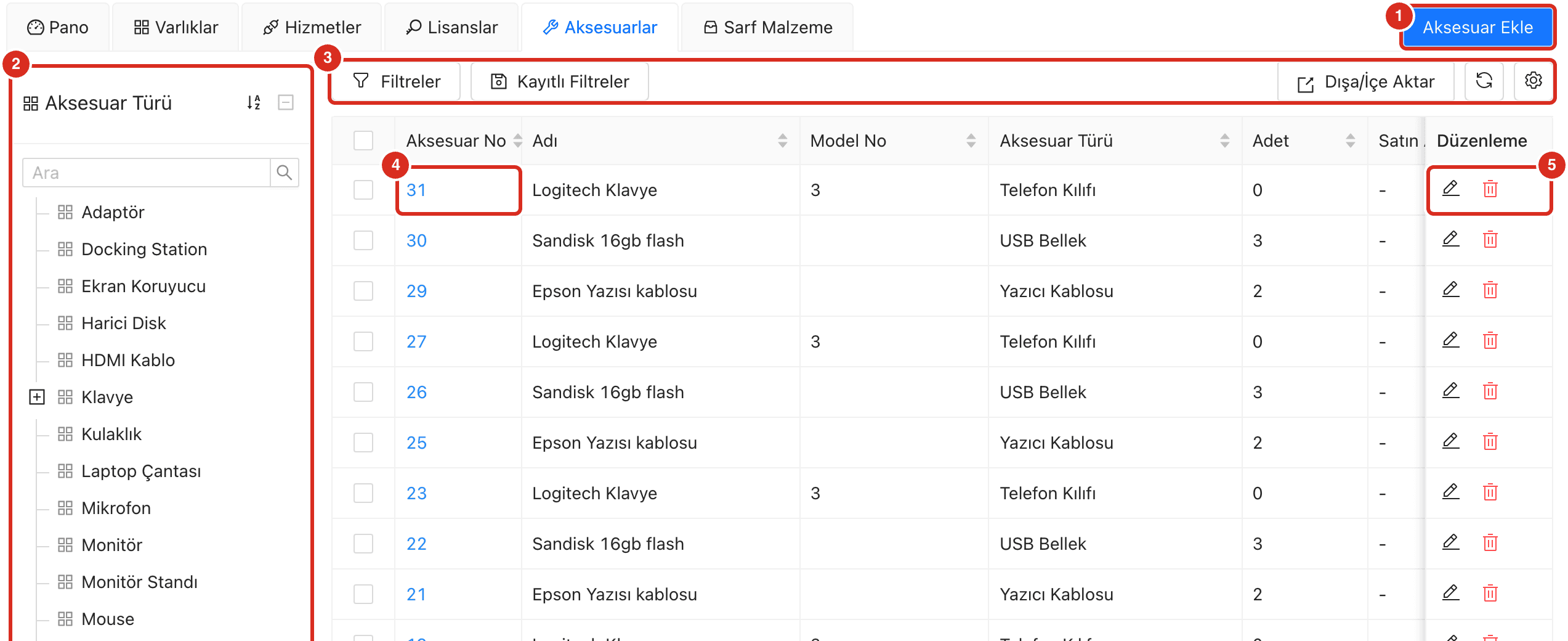Aksesuarlar sekmesi