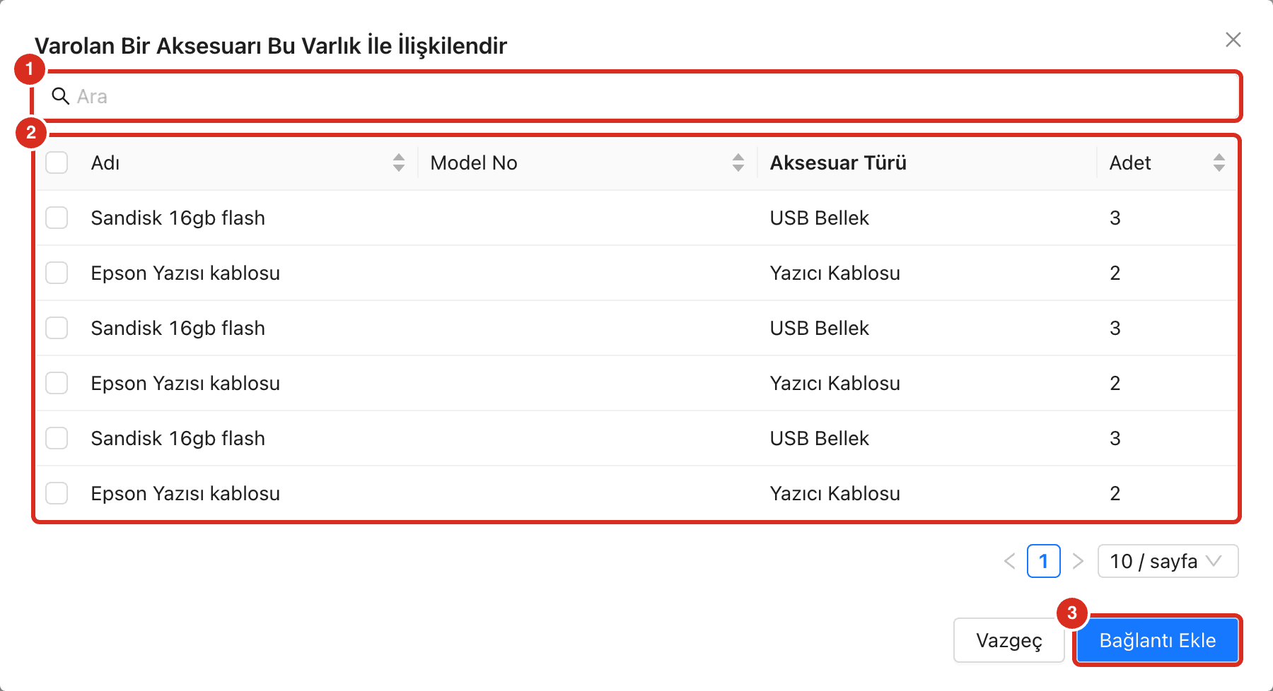 Aksesuar bağlama penceresi