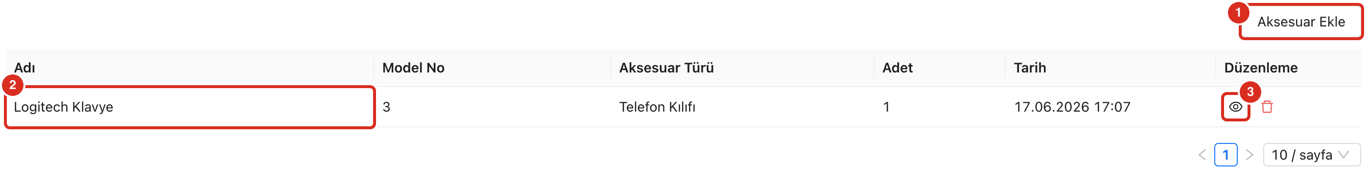 Aksesuarlar sekmesi