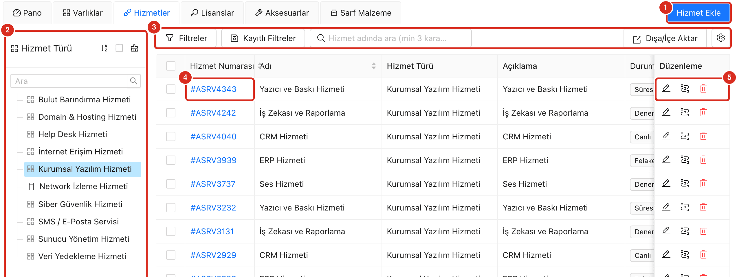 Hizmetler sekmesi