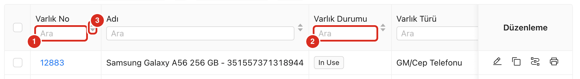 Sütun başlıklarındaki filtre kutuları