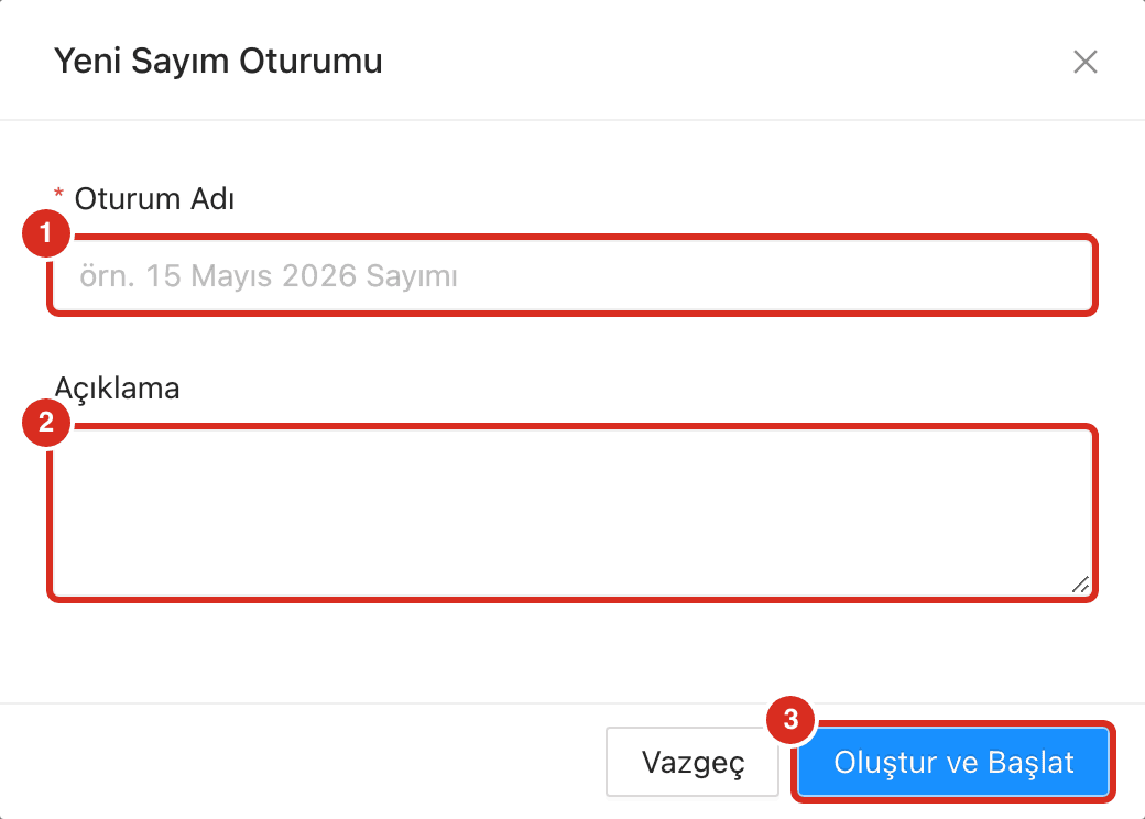 Yeni Sayım Oturumu penceresi