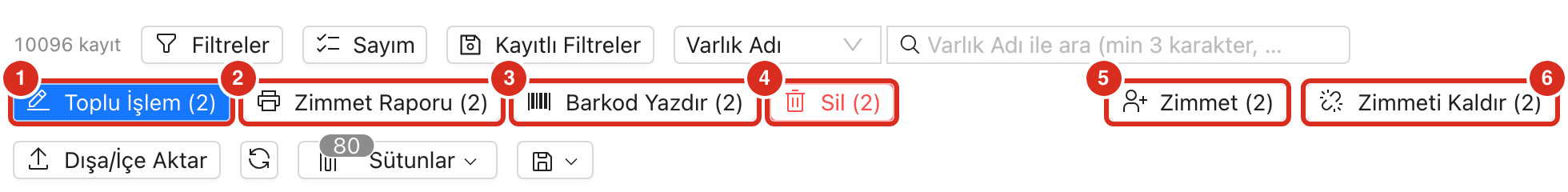 Seçim yapılınca beliren düğmeler